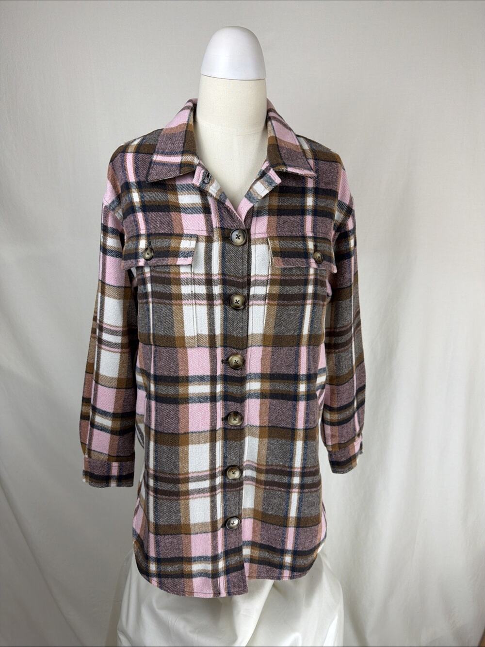 NWT Billy T Black & Pink Button Up Flannel Shirt Jacket Shacket SMALL #0716